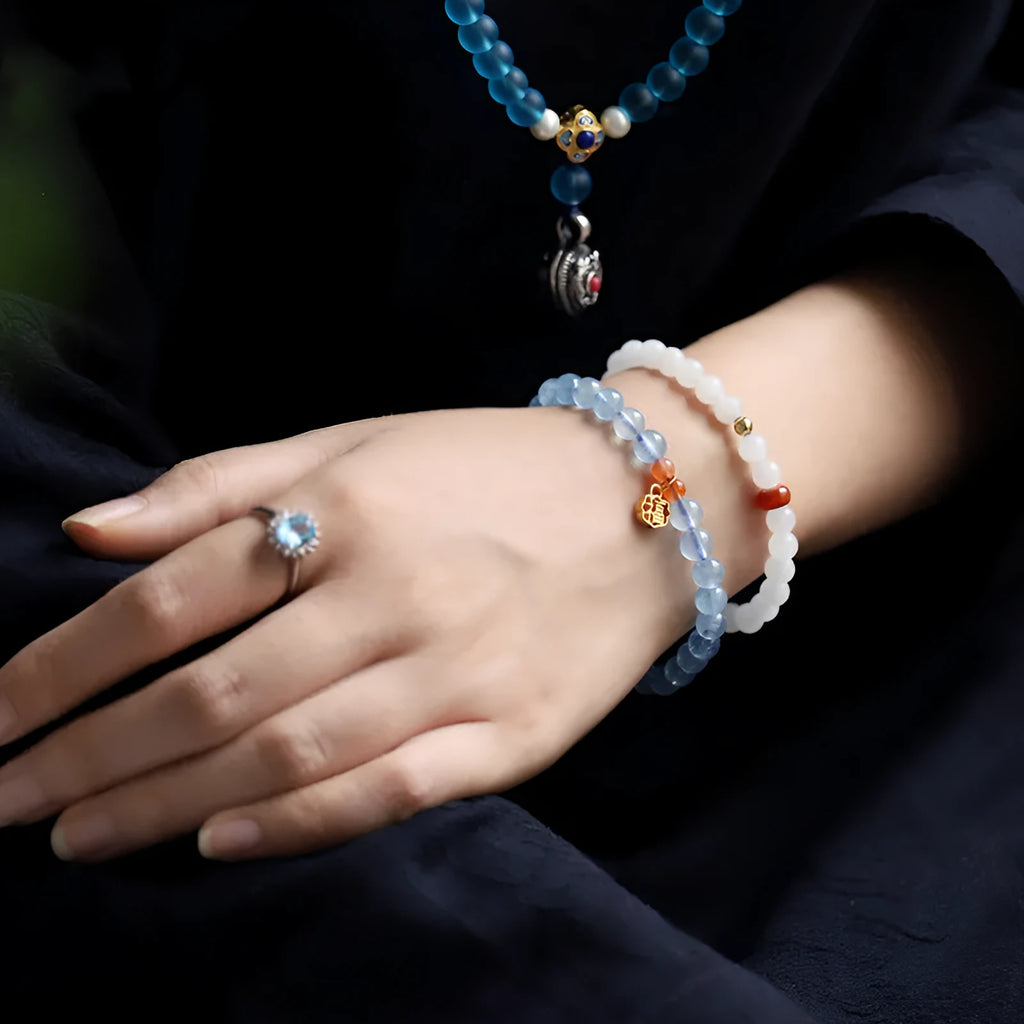 Ice translucent aquamarine crystal bracelet with blessing card and 8mm beads