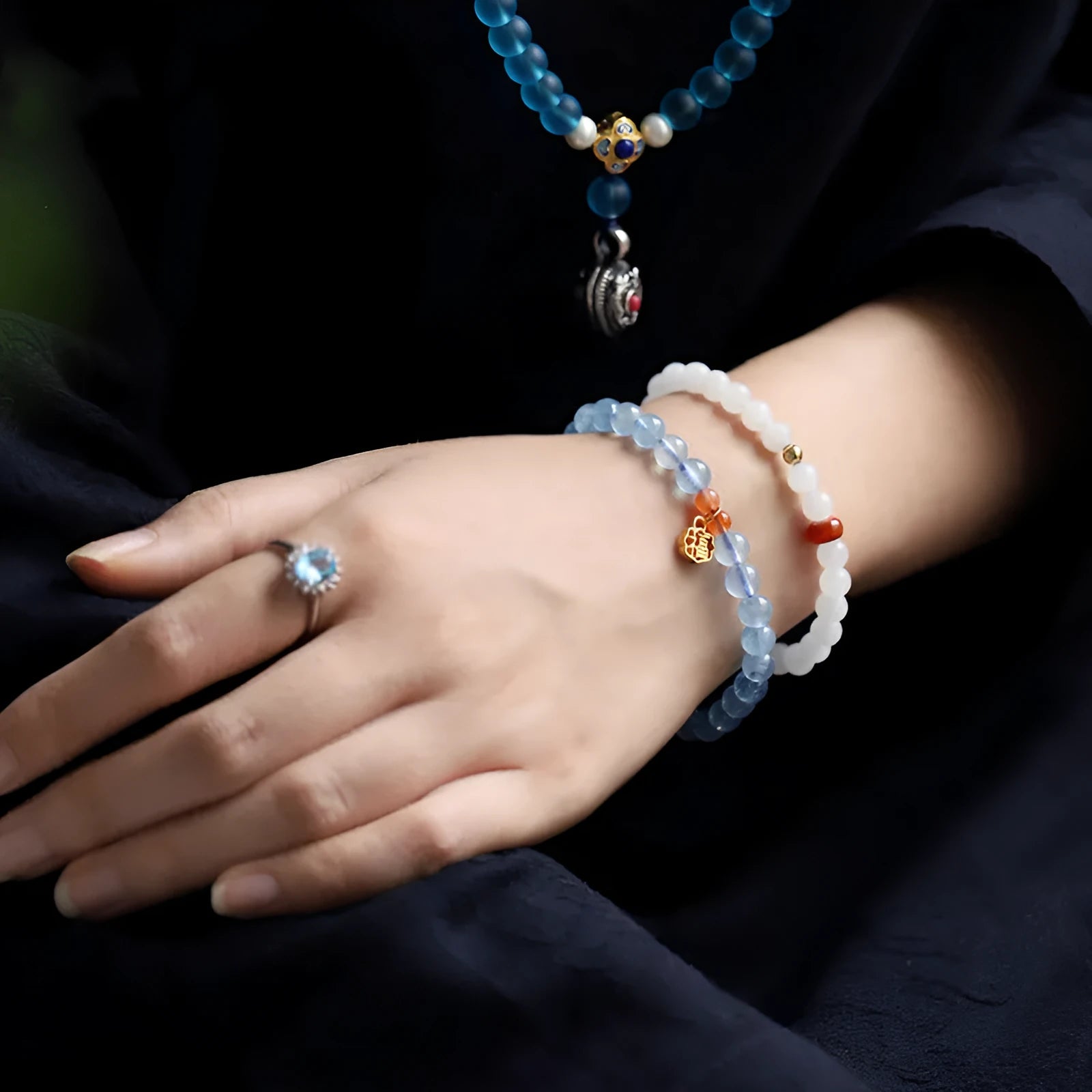 Ice translucent aquamarine crystal bracelet with blessing card and 8mm beads