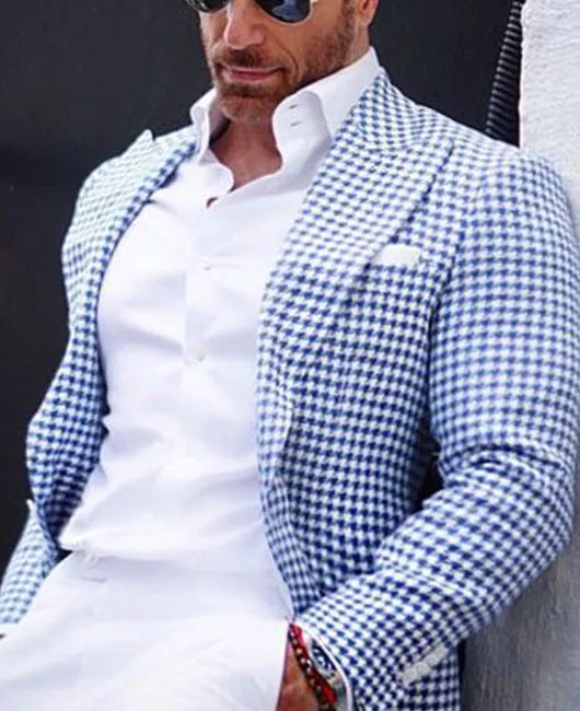 Men's slim fit two-button suit jacket with top-stitching pockets in a solid colour.