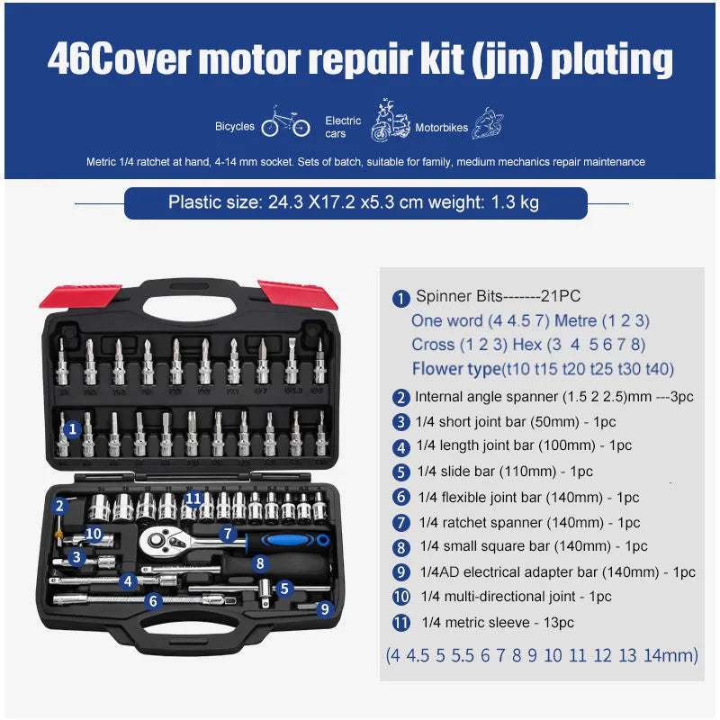Chromium vanadium steel socket ratchet wrench set for auto and home repair
