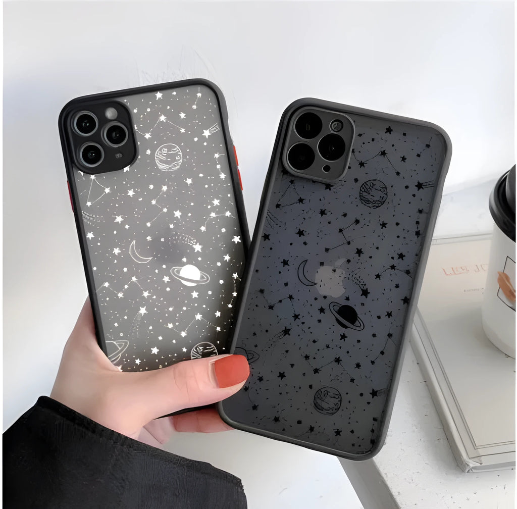 Star universe patterned iPhone case showing raised edges for screen and camera protection