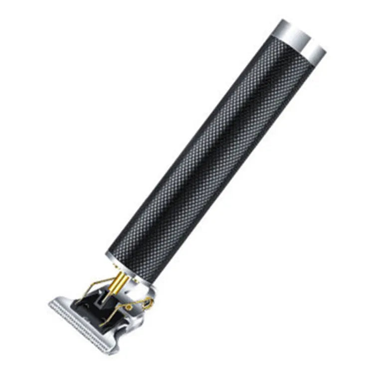 Black rechargeable electric hair clipper with gold steel blades, four combs, and cleaning brush