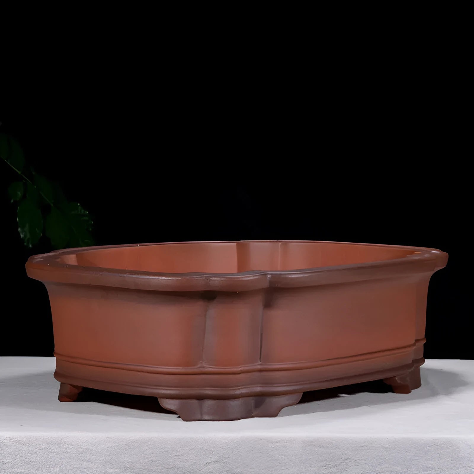 Large antique-style rectangular purple clay flower pot with Chinese design elements.