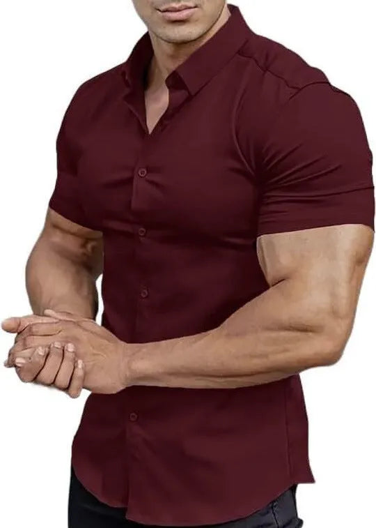 Men's short sleeve printed casual shirt in polyester, shown in multiple colour options.