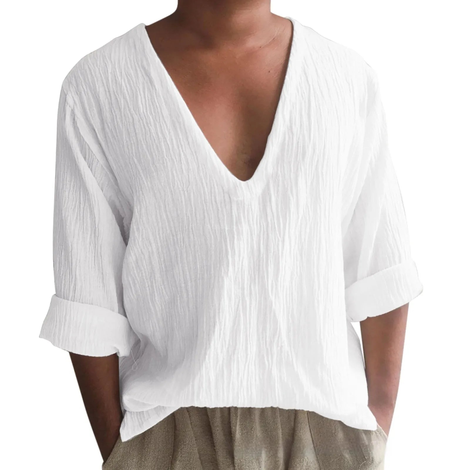 Men's long sleeve V-neck t-shirt in washed cotton fabric, shown in solid colour options.