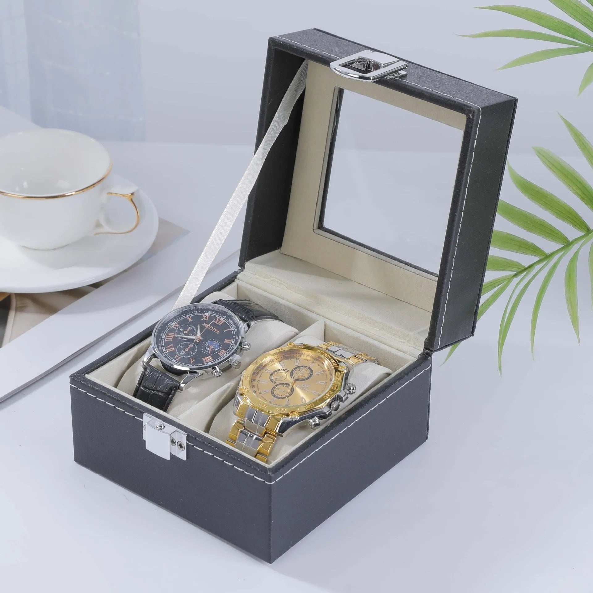 Grey high-grade leather watch storage box with a dustproof transparent lid, shown in a multi-capacity display.