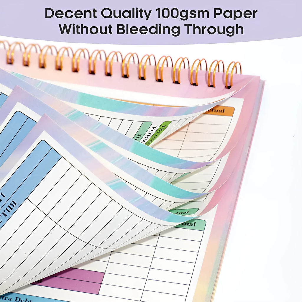 B5 spiral-bound budget tally book with a blue PP cover, open to show lined pages for income and expense tracking.
