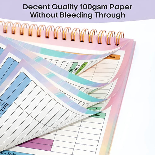 B5 spiral-bound budget tally book with a blue PP cover, open to show lined pages for income and expense tracking.