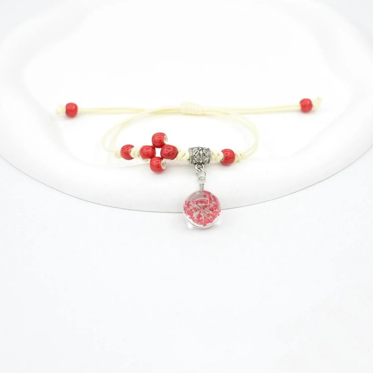 Hand-woven glass bracelet with real dried flowers inside large 1.4cm colored beads for women