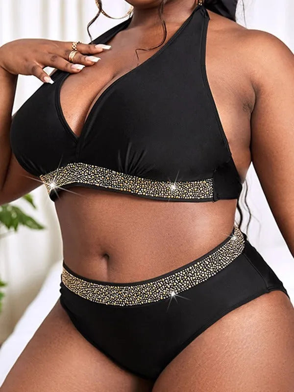 Black plus size women's bikini set with bra top and shorts on a mannequin.