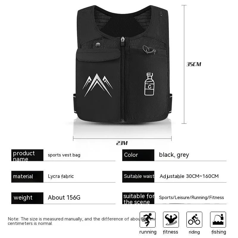 Breathable mesh sports running vest with integrated mobile phone pocket, shown in classic black colour.