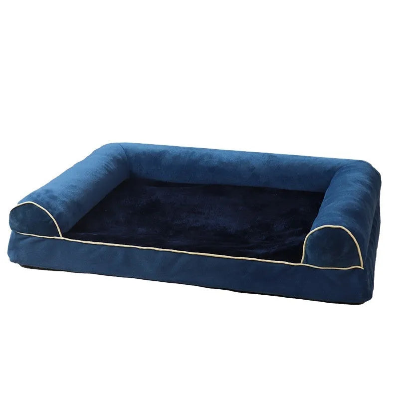 Square cloth dog bed with breathable sponge cushion in blue, shown with size options.