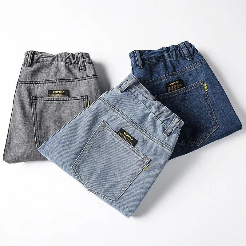 Men's loose straight jeans in cotton fabric available in dark blue, light blue and grey colours