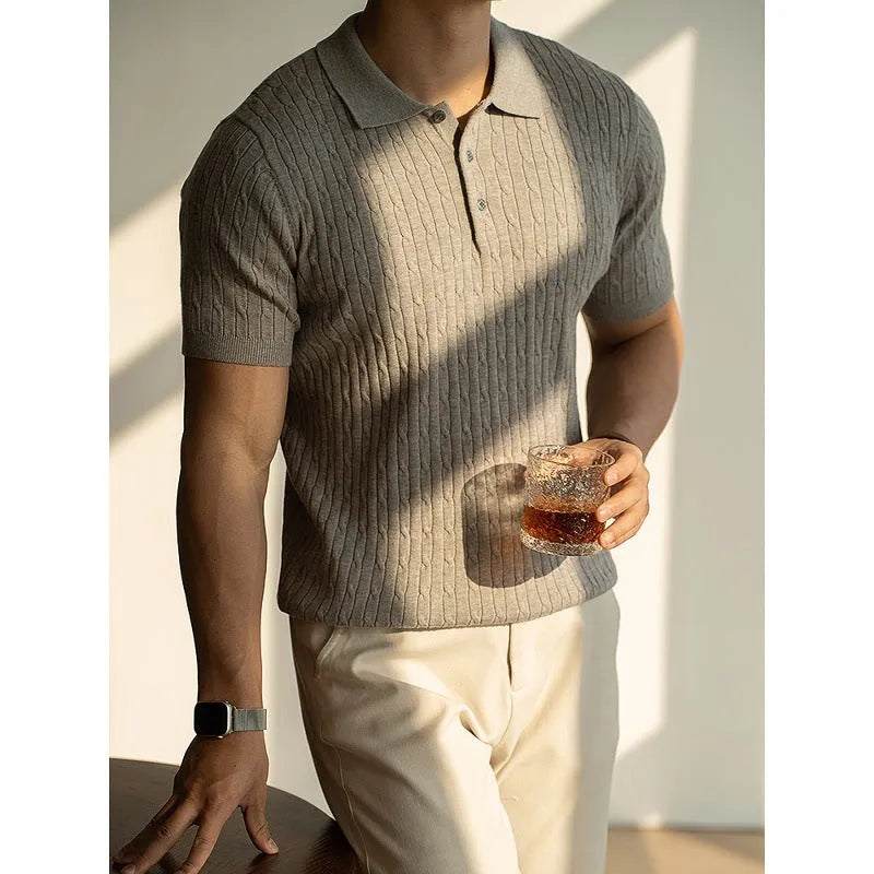 Men's khaki short sleeve business top with polyester nylon acrylic wool fabric blend for office commute wear
