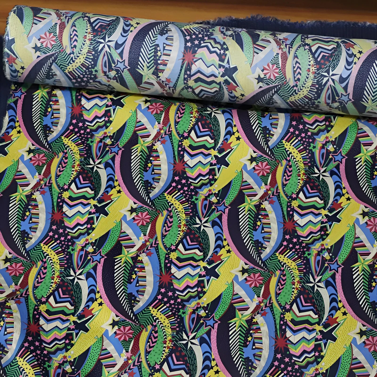 Blue floral print cotton fabric showing botanical designs on 145cm wide material