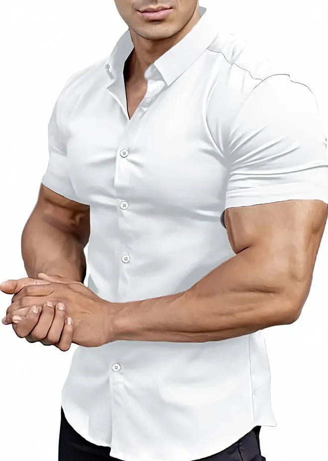Men's short sleeve printed casual shirt in polyester, shown in multiple colour options.