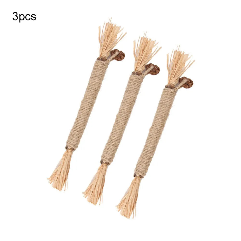 3 natural silvervine chew sticks for cats with sisal rope and raffia dental care toy