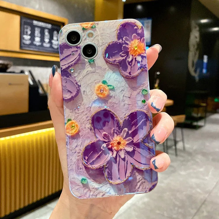 Purple and yellow mobile phone cases with oil painting flower design and diamond drop glue decoration