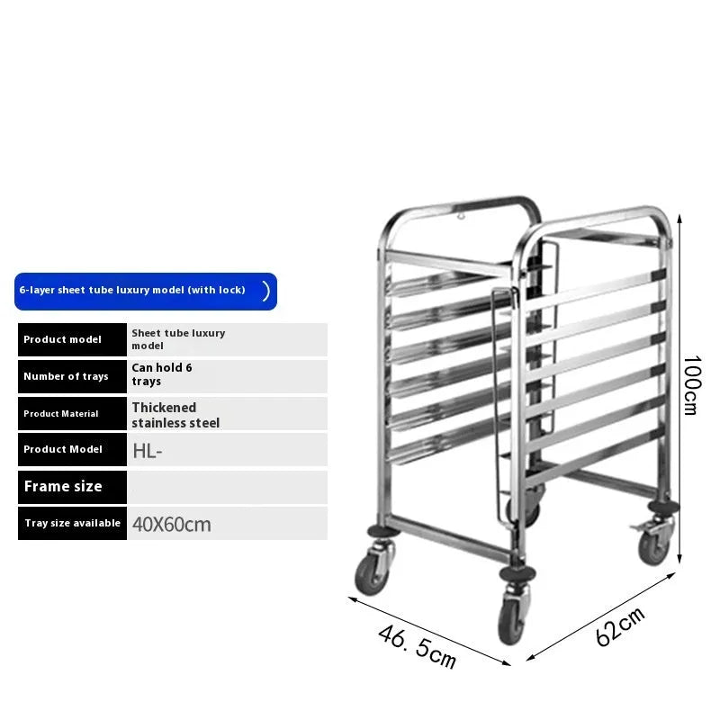 Stainless steel six-layer baking tray rack with secure locking mechanism for 40x60cm baking sheets