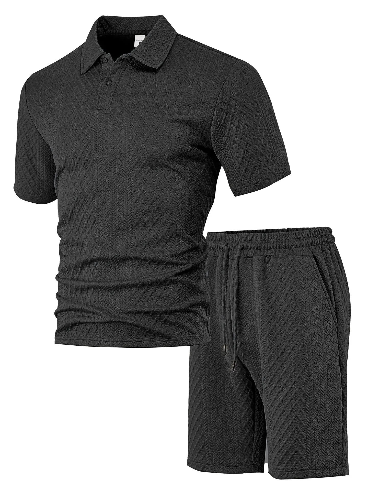Men's patterned cloth casual suit with short sleeve polo top and matching trousers in multiple colour options