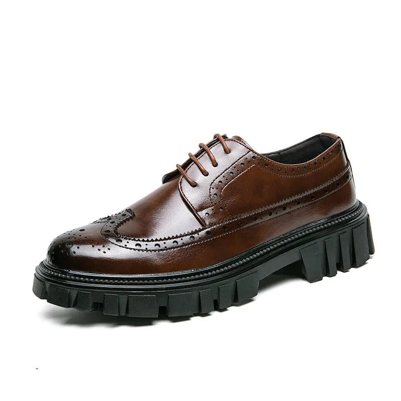 Men's black and brown artificial PU leather brogue business shoes with round toe.