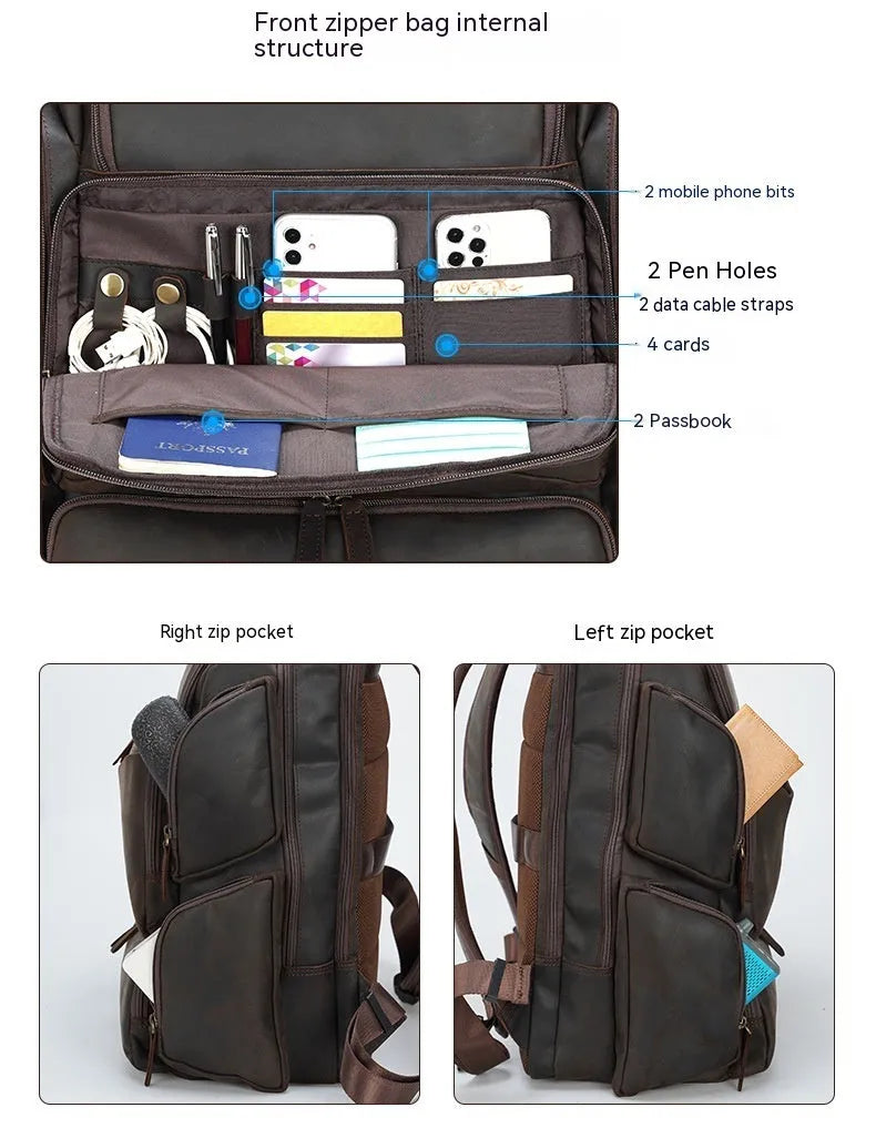 Dark brown men's genuine leather backpack for a 17-inch computer with retro crazy horse texture.