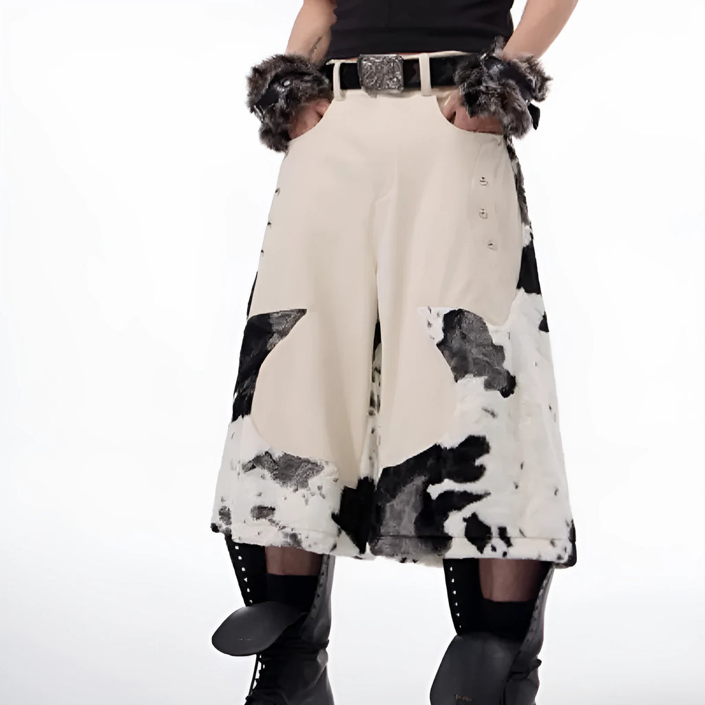 Cropped stitching milk fiber fur pants with checkered striped printed embroidered patterns in picture colour