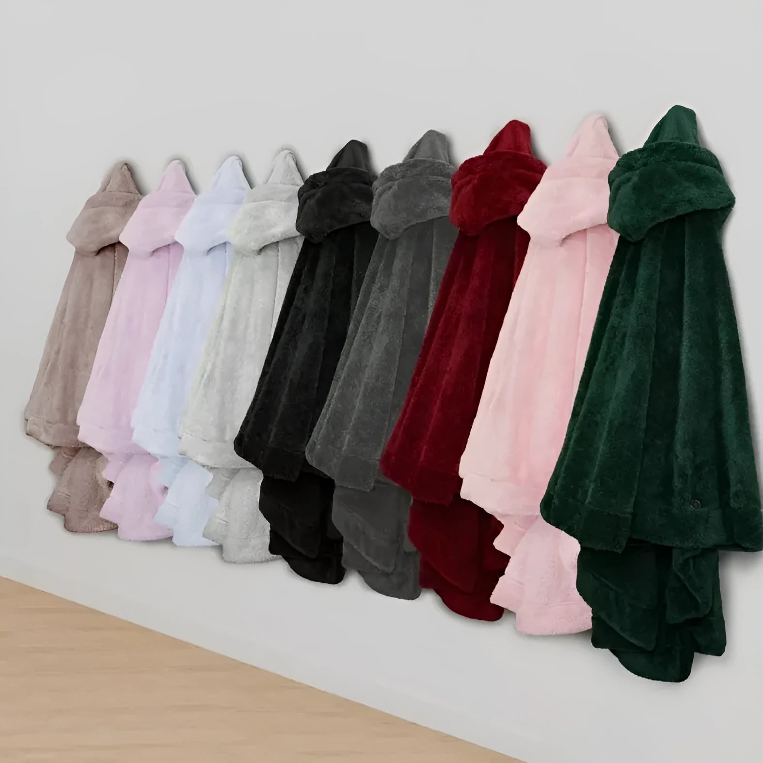 Thickened hooded bathrobe in solid colour, shown with long sleeves and cardigan front.