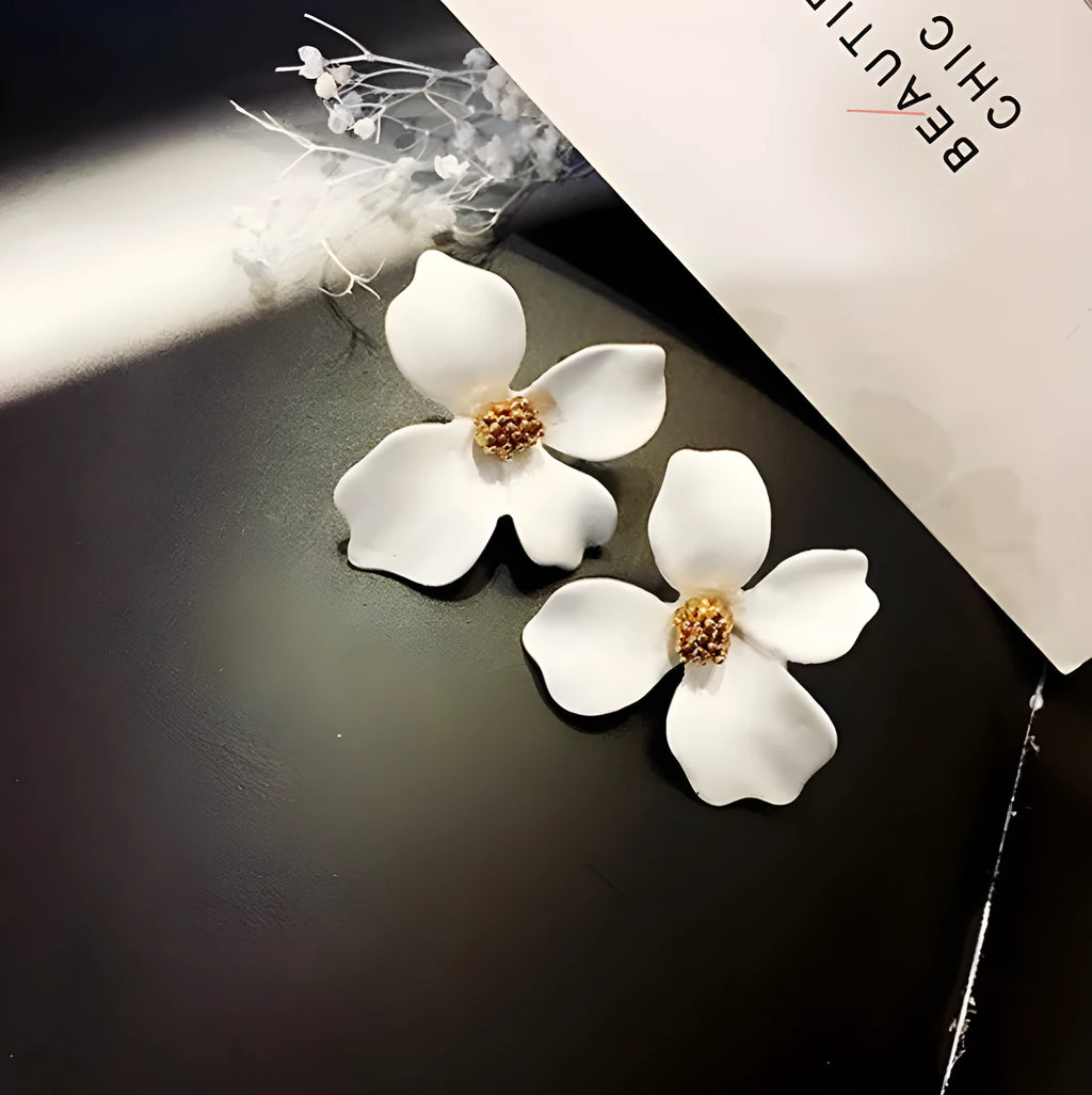 Flower stud earrings for women in alloy with white and pink electroplated colour options