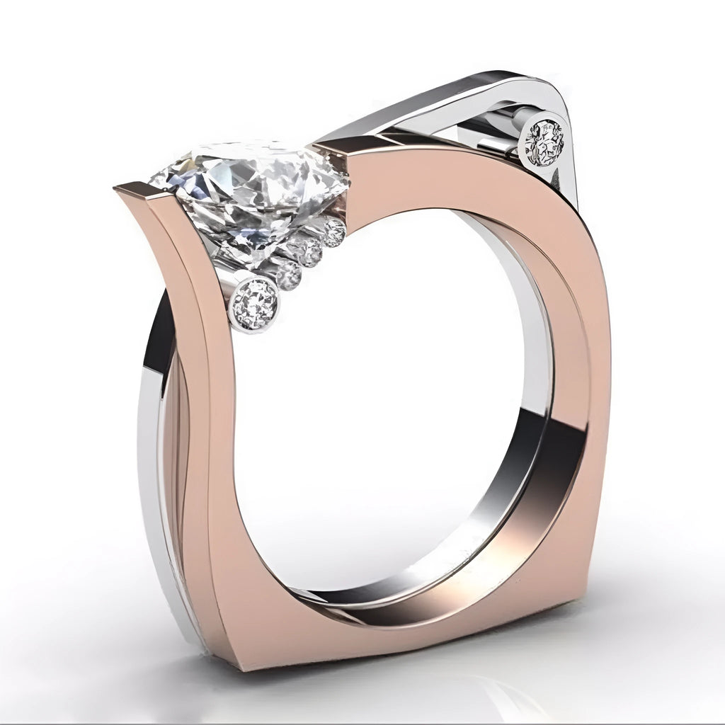 Rose gold geometric couple ring with zircon stone inlay shown from multiple angles