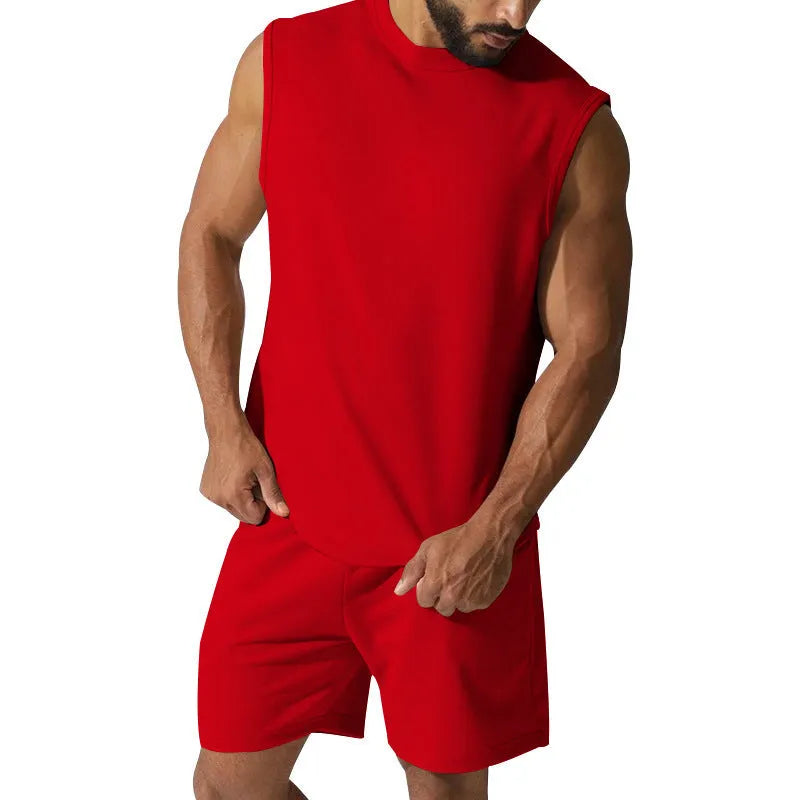 Men's solid colour sleeveless sports top and matching casual shorts set on a hanger