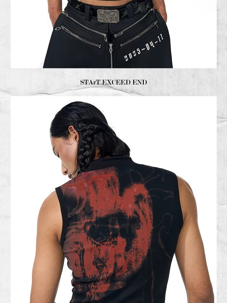 Black half turtleneck sleeveless t-shirt with printed character design on slim-fit cotton fabric