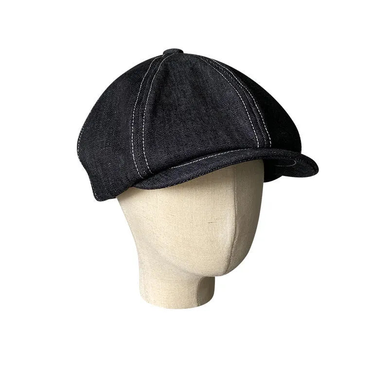 Black Japanese Denim fabric cotton beret shown in retro fashion style with three size options for men and women