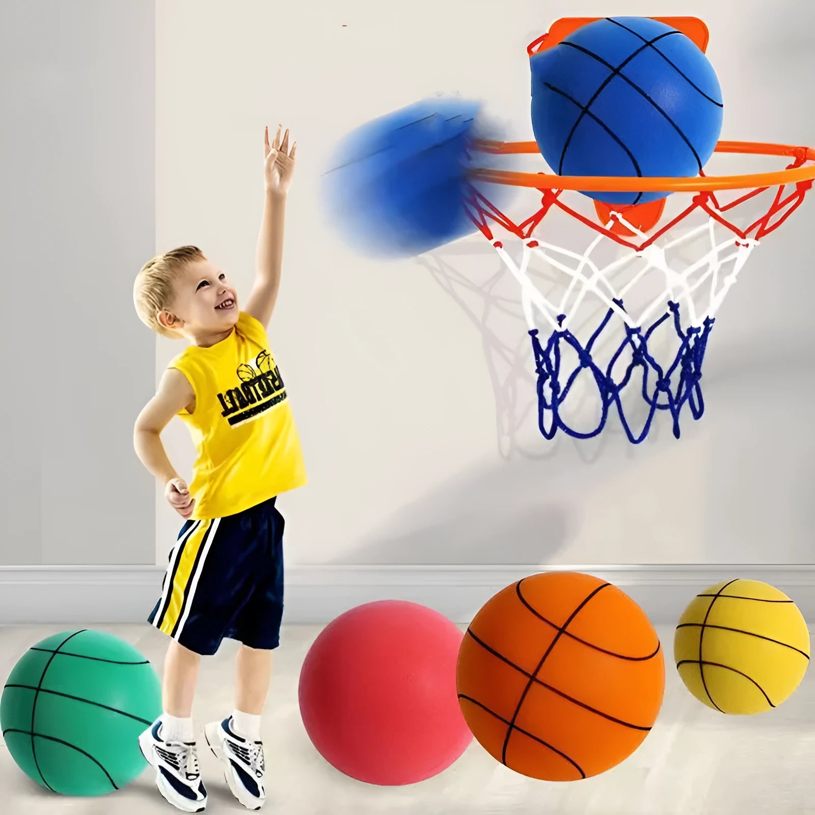 Assorted bright coloured silent high-density PU foam basketballs for indoor children's sports play.