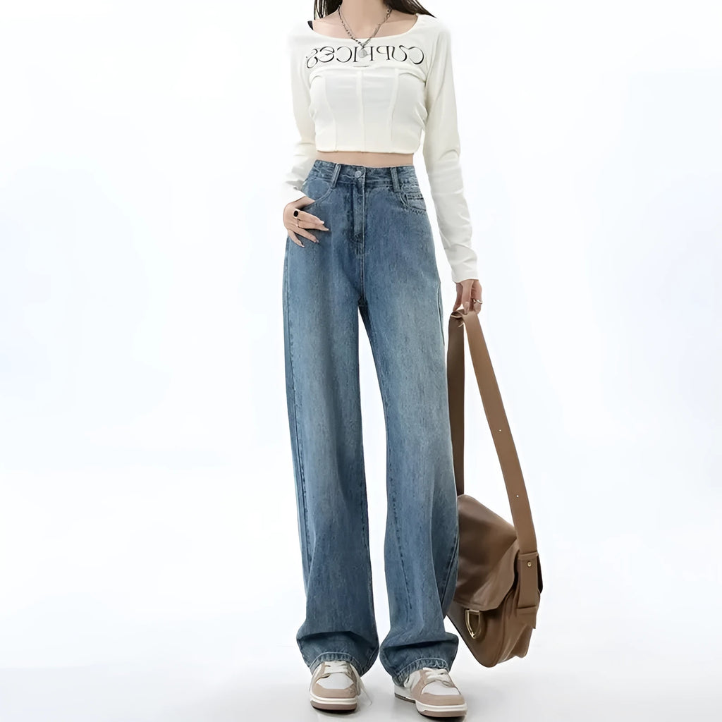 Women's retro blue wide leg jeans with high waist and straight cut on hanger