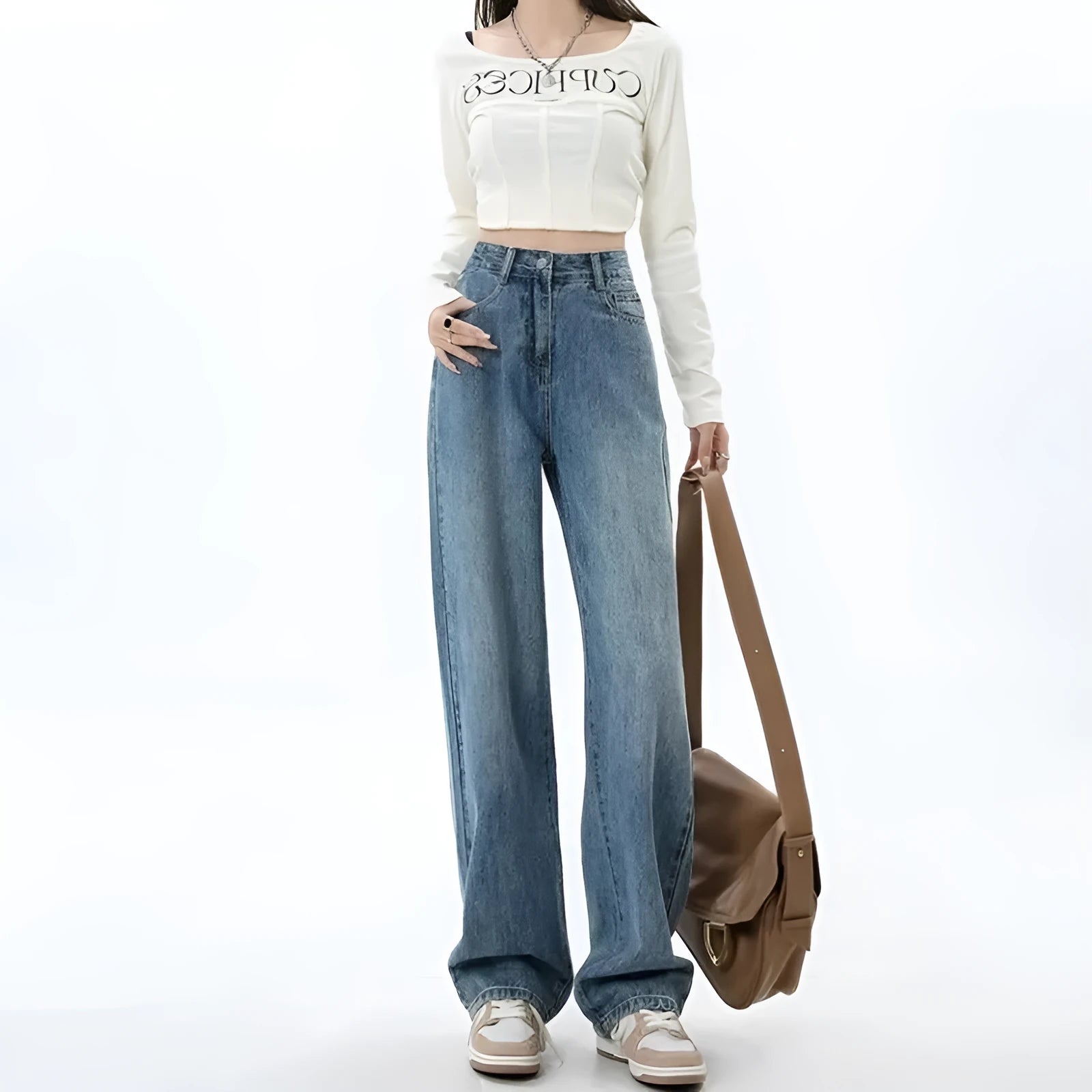 Women's retro blue wide leg jeans with high waist and straight cut on hanger