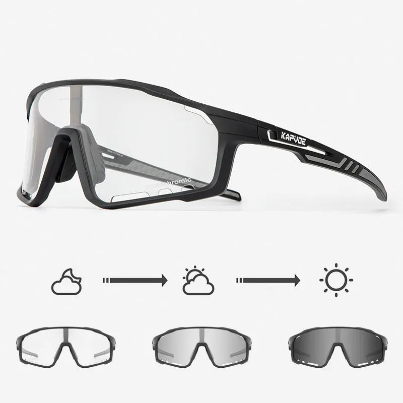 Photochromic cycling sports goggles with TR90 frame and semi-rimless design shown in multiple colour options.
