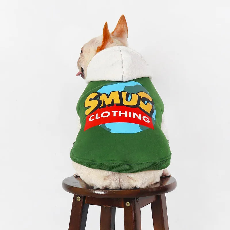 A green cotton dog jumper or sweater for large breeds, shown on a hanger.