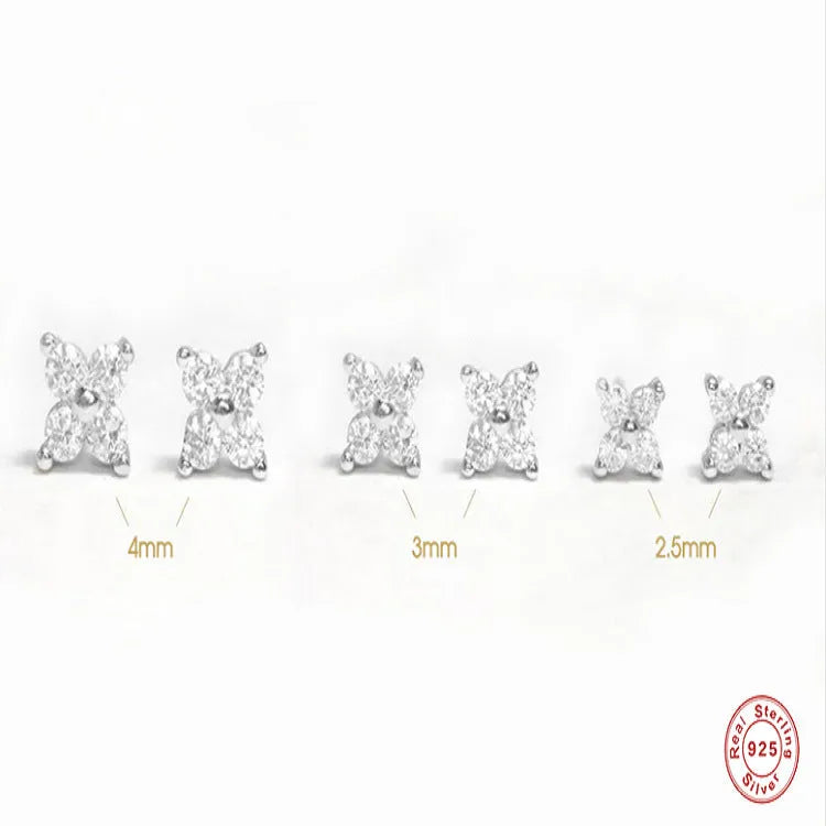 S925 sterling silver stud earrings with a petal-shaped crystal flower in gold or platinum finish.