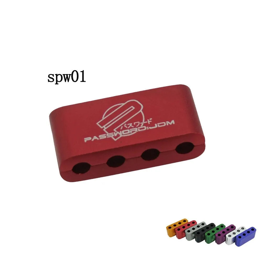 Three-piece metal car fastening clamp set in six colour options on a grey background.