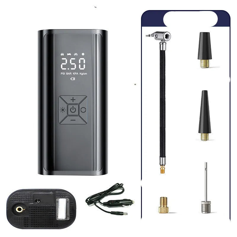 Portable wireless digital display tyre pump with inflatable tube and power cables