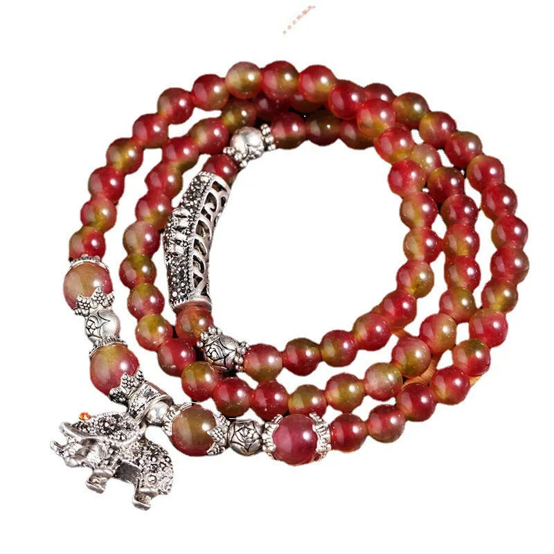 Handmade natural watermelon crystal bracelet with Chinese knot and geometry style design