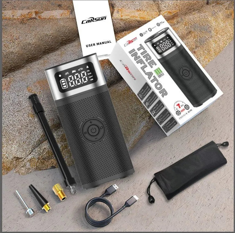 Black portable wireless smart air pump with USB Type-C charging cable, 15cm tube, and multiple inflation nozzles.