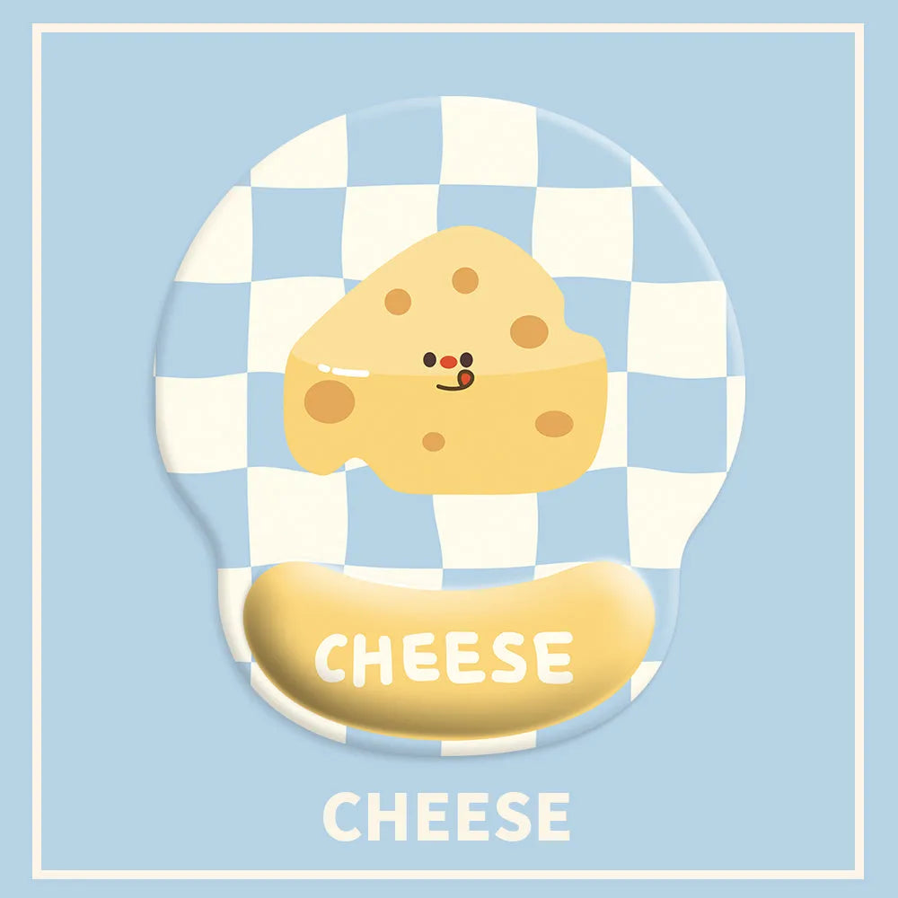 Cartoon cheese mouse pad with wrist strap on rubber base with milk silk fabric surface