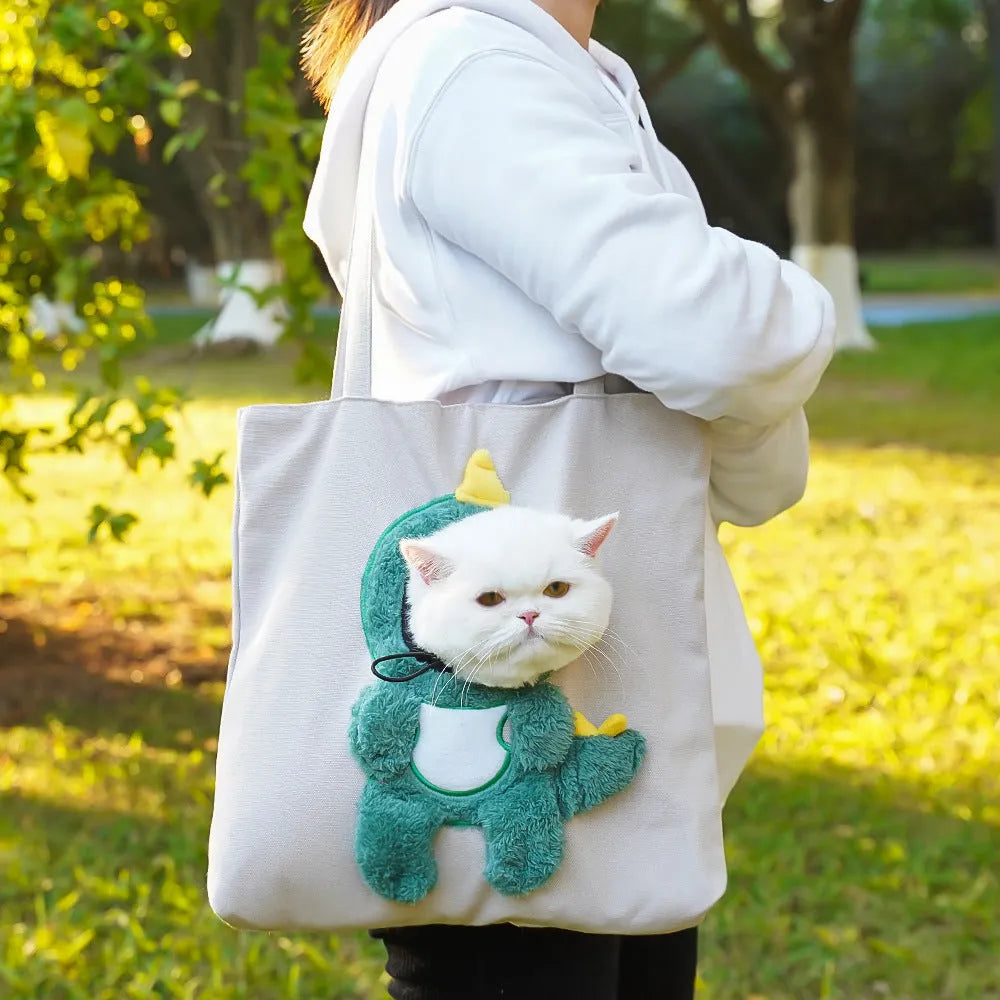 Canvas pet carrier backpack with cartoon design for shoulder carrying of cats and small dogs