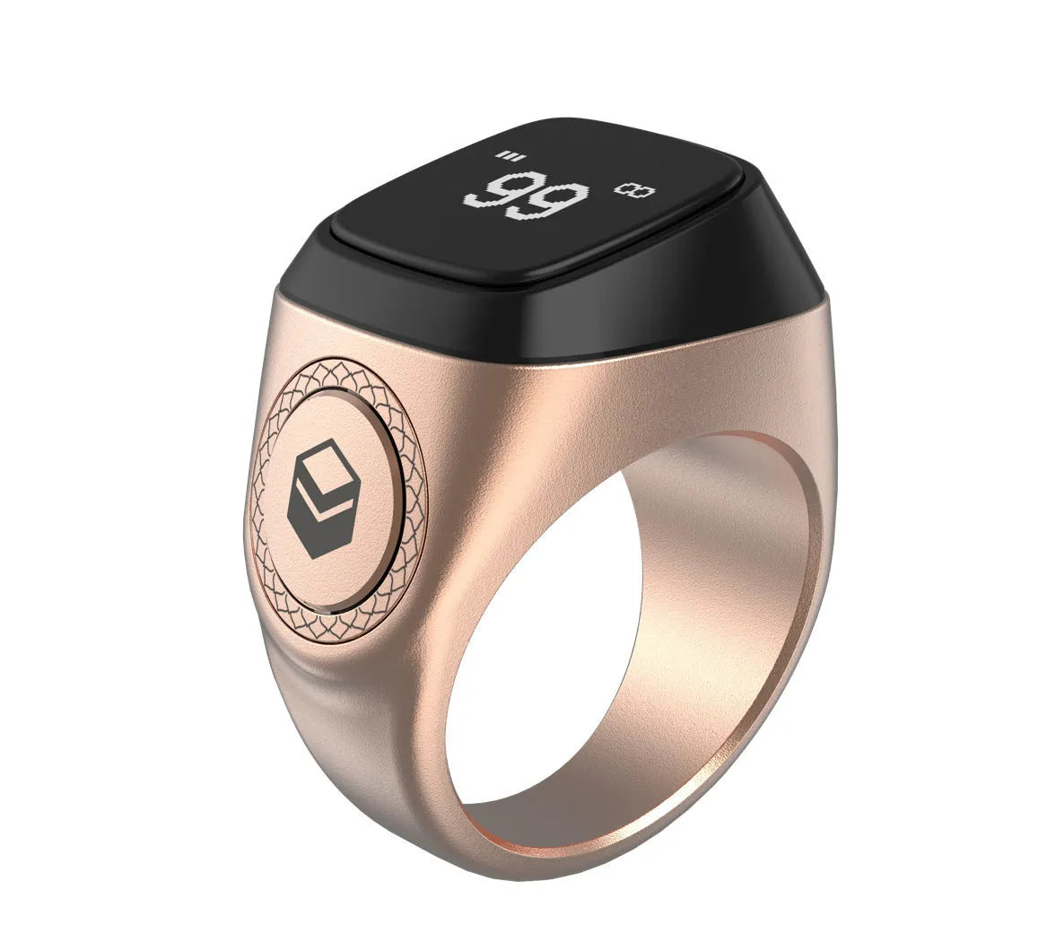 Zikr1 smart Islamic prayer ring in silver on a hand, showing its OLED display and single button.