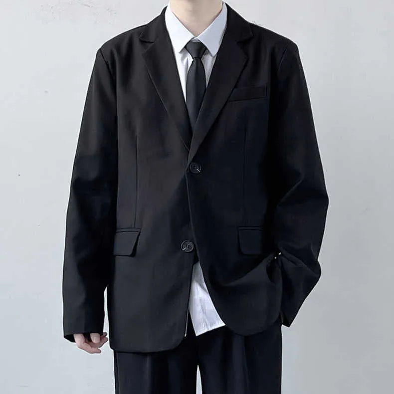 Plus size men's college style suit set with jacket, trousers, white shirt, and tie in loose fit