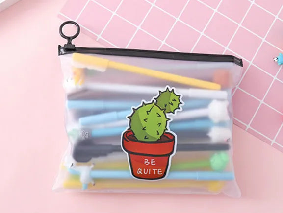 Plastic pen case open showing twenty colourful cartoon cactus design pens with 0.5mm black tips