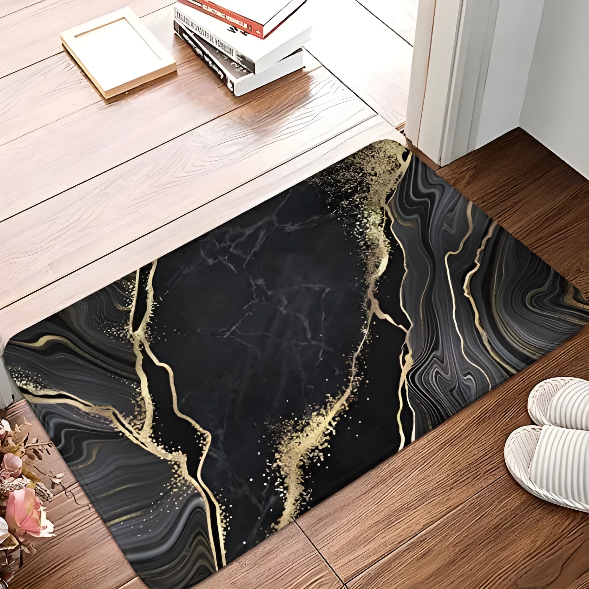 Modern square polyester flannel floor mat showing coastal starfish print design on a wooden floor.