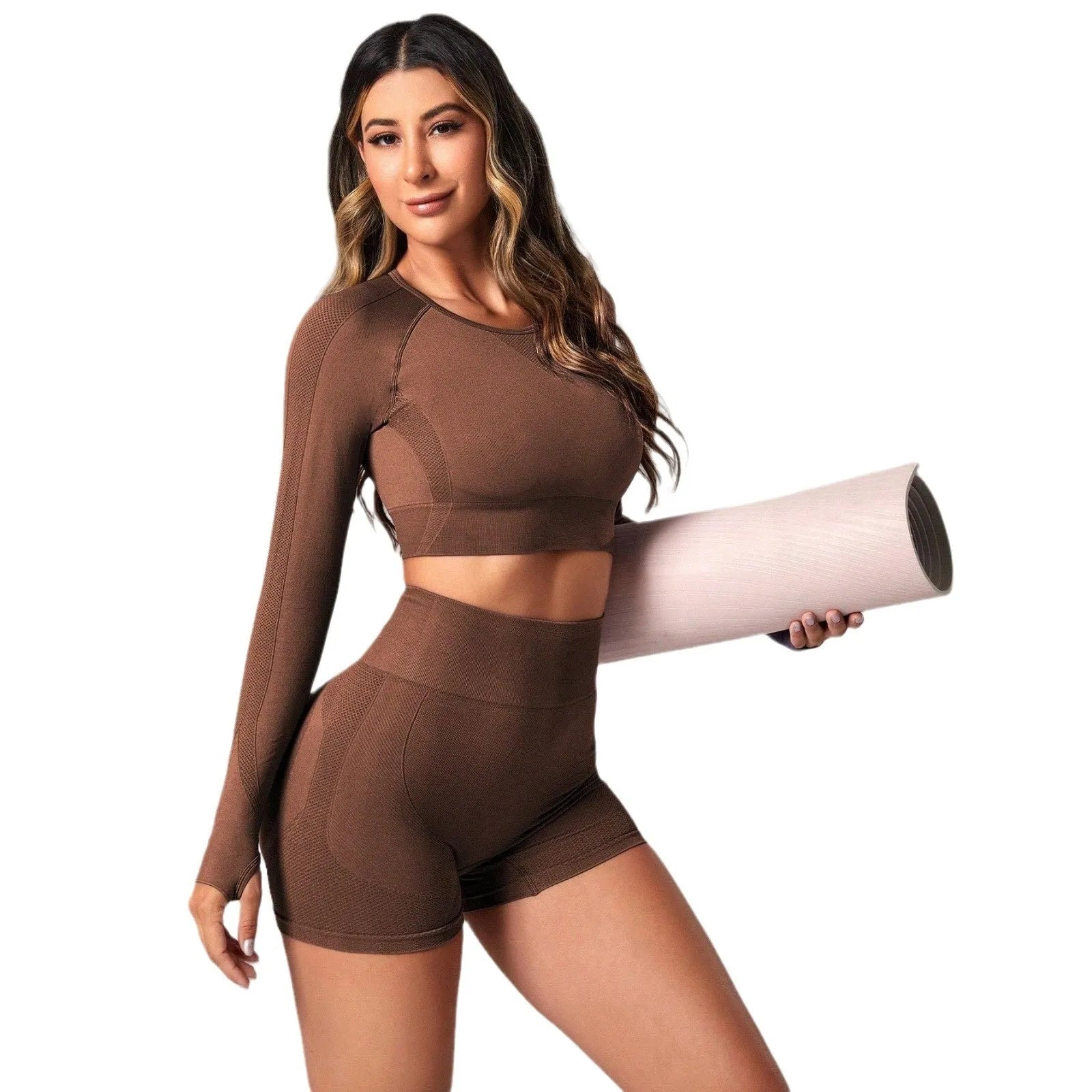 Women's black high waist yoga pants and long sleeve top set made from quick-dry fabric